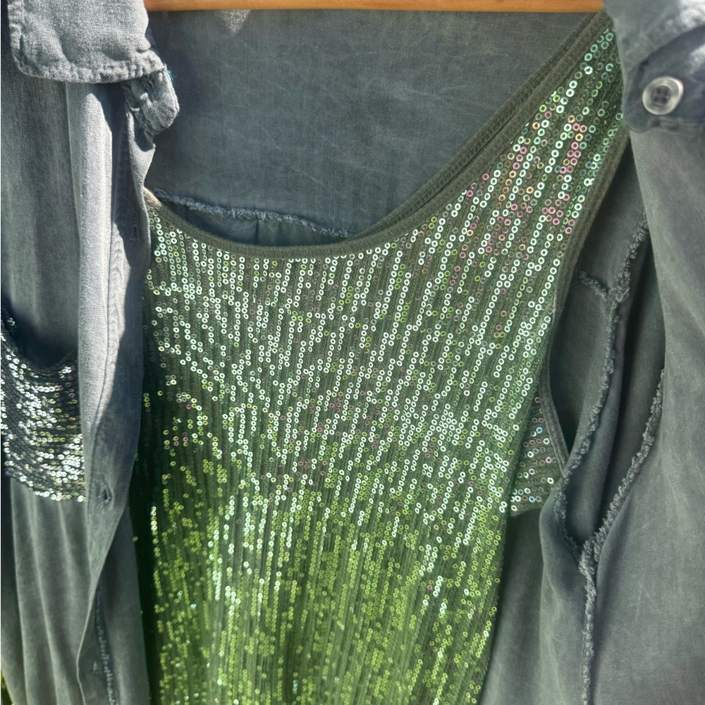 Gray Button Down Shirt With Sequin Pockets - image 2